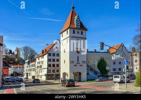 Der Illertor, links Burghalde, Kempten, Allgäu, Schwaben, Bayern, Deutschland Stockfoto