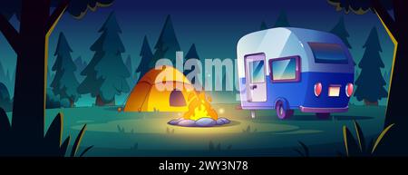 Wohnwagen-Camp im Nachtwald. Vektor-Cartoon-Illustration des Retro-Lieferwagens in der Nähe von Zelt und Lagerfeuer brennen auf Glade, Haus auf Rädern für Sommerurlaubsreisen und Camping, Mitternachthimmel, Tannenwald Stock Vektor