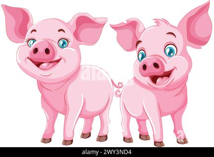 Zwei glückliche Ferkel, die in einer Vektorillustration lächeln. Stock Vektor