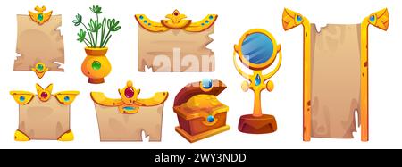 ui-Frames und -Elemente für ägyptische Spiele. Comic Vektor Set aus alten ägyptischen Papyrusrollen und Pergament mit goldenen und Edelstein dekorativen Elementen, Brust mit Goldschatz, Spiegel und Pflanze in Vase. Stock Vektor
