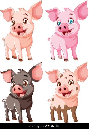 Vier süße Schweine in verschiedenen verspielten Posen. Stock Vektor