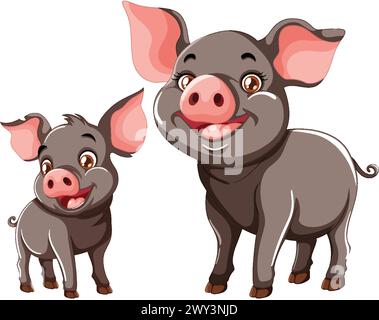 Zwei fröhliche Schweine in einem verspielten Stil dargestellt. Stock Vektor