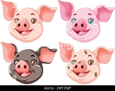 Vier fröhliche Schweinchen mit unterschiedlichen Ausdrücken. Stock Vektor