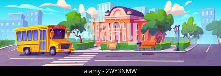 Gelber Bus in der Nähe des Schulgebäudes. Vektor-Cartoon-Illustration des Fahrzeugs für Studenten geparkt auf der Straße neben Zebraüberquerung, Stadtlandschafthintergrund mit Wolkenkratzer-Silhouetten, grüner Hof, blauer sonniger Himmel Stock Vektor