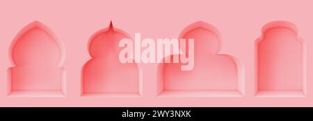3D rosa islamische Fensterbogenform für Ramadan. Islamische Rahmendarstellung auf Wandarchitektur. minimalistisches arabisches Interieur mit schlichtem dekorativem Randdesign. Leere klassische Ramadhan Studio- oder Palastvorlage Stock Vektor