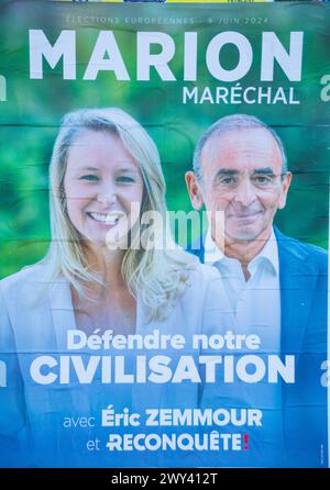 Europawahlen Juni 2024 , Marion Marechal / Le Pen / Eric Zemmour Stockfoto