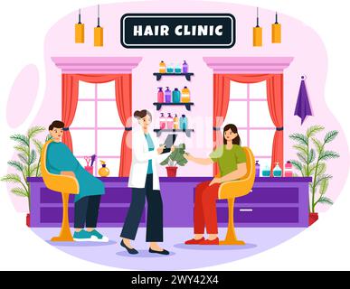 Haarklinik Vektor-Illustration mit Friseur, Haarschnitt, Haarpflege und Frisur im Schönheitssalon oder Friseur im flachen Zeichentrickhintergrund Stock Vektor