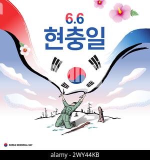 Koreanischer Gedenktag. Das Konzept ist ein tapferer Soldat, der einen Berggipfel erobert und vor Freude eine große koreanische Flagge schwenkt. Stock Vektor