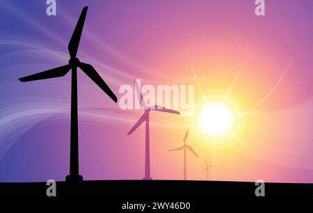 Mehrere Windwindmühle Turbinengenerator Silhouetten gegen eine ländliche lila rosa Sonnenuntergang Hintergrund Vektor Illustration Stock Vektor