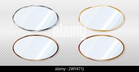 Realistische ovale Spiegel in Metall-, Bronze- und Goldrahmen. 3D-Vektordarstellung isoliert auf transparentem Hintergrund. Stock Vektor