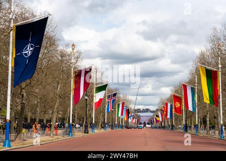 Feier zum 75-jährigen Jubiläum der NATO in der Mall, London, Großbritannien. Flagge der Mitgliedstaaten, die an Bord sind. NATO-Emblem, Flaggen von Lettland, Litauen, Luxemburg Stockfoto