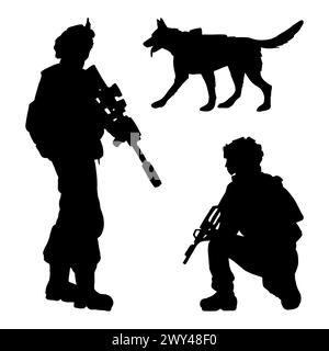 Armee Soldaten mit Gewehr in verschiedenen Posen mit K9 Service Hund Silhouetten Vektor Illustration Set Stock Vektor