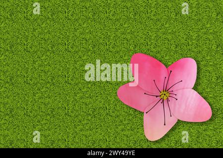 3D Abbildung. Frühling Sommer. Blumen, blühen auf grünem Gras Textur. Grasfeld Hintergrund mit bunten Blumen Stockfoto