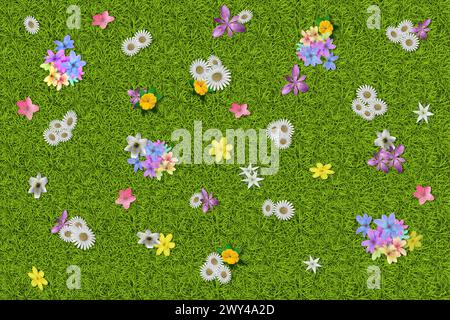 3D Abbildung. Frühling Sommer. Blumen, blühen auf grünem Gras Textur. Grasfeld Hintergrund mit bunten Blumen Stockfoto