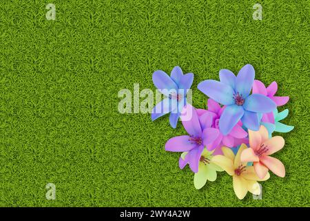 3D Abbildung. Frühling Sommer. Blumen, blühen auf grünem Gras Textur. Grasfeld Hintergrund mit bunten Blumen Stockfoto