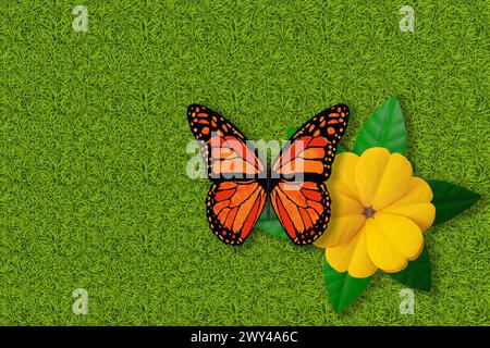 3D Abbildung. Frühling Sommer. Blumen und Schmetterlinge auf grünem Gras Textur. Grasfeld Hintergrund mit bunten Blumen und Schmetterlingen. Stockfoto