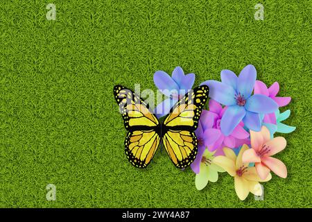 3D Abbildung. Frühling Sommer. Blumen und Schmetterlinge auf grünem Gras Textur. Grasfeld Hintergrund mit bunten Blumen und Schmetterlingen. Stockfoto