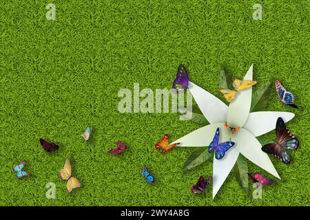 3D Abbildung. Frühling Sommer. Blumen und Schmetterlinge auf grünem Gras Textur. Grasfeld Hintergrund mit bunten Blumen und Schmetterlingen. Stockfoto