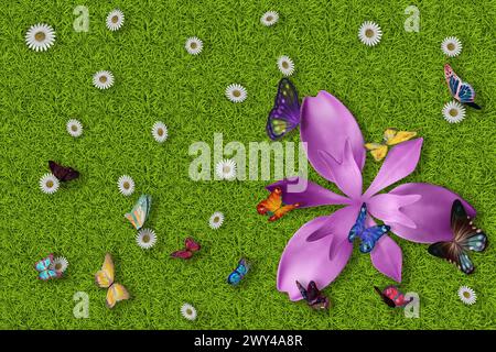 3D Abbildung. Frühling Sommer. Blumen und Schmetterlinge auf grünem Gras Textur. Grasfeld Hintergrund mit bunten Blumen und Schmetterlingen. Stockfoto