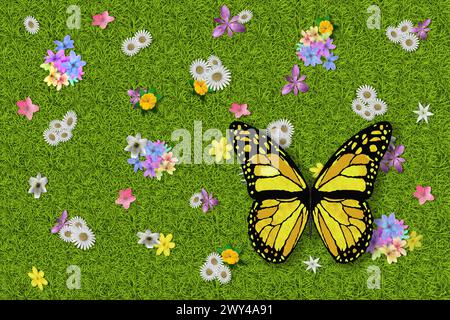 3D Abbildung. Frühling Sommer. Blumen und Schmetterlinge auf grünem Gras Textur. Grasfeld Hintergrund mit bunten Blumen und Schmetterlingen. Stockfoto