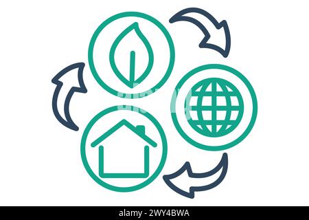 ESG-Symbol. Blatt, Erde und Haus. Symbol, das sich auf den Symbolstil der ESG-Linie bezieht. Abbildung des Naturelements Stock Vektor