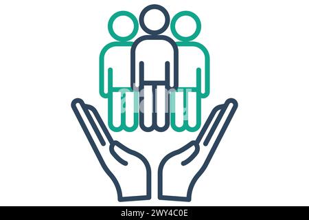 Menschenrechtsymbol. Hand mit Menschen. Symbol, das sich auf den Symbolstil der ESG-Linie bezieht. Illustration des Konstruktionsvektors Stock Vektor