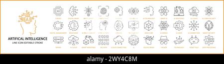 Artificial intelligence Line icons. Set icon about AI. Set icons related to Artificial intelligence. Vector illustration. Editable stroke. Stock Vektor