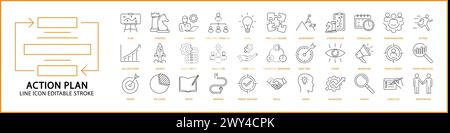 Symbole Für Aktionspläne. Symbolgruppe "Aktionsplan". Positionssymbole Für Maßnahmenpläne. Vektorabbildung. Bearbeitbare Kontur. Stock Vektor