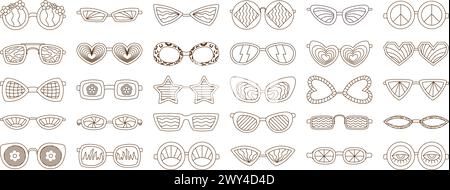 Retro Groovy Sonnenbrillen Kollektion mit verschiedenen Mustern in Schwarz und weiß. 1970er Jahre Vibe Set Stock Vektor