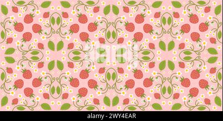 Nahtloses Muster, das Erdbeeren, süße Beeren, Blumen und grünes Laub hervorhebt. Sich wiederholende Oberflächengestaltung, geeignet für Küchenbekleidung, Stoffe, Geschenkpapier und andere Zwecke. Stock Vektor