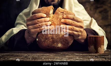 Das letzte Abendmahl, Jesus bricht das Brot. Stockfoto