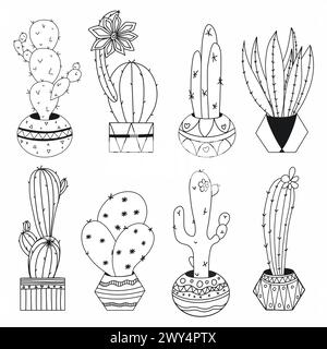 Set Kakteen in Töpfen im Doodle-Stil, von Hand bemalt. Die Ausmalseite. Stock Vektor