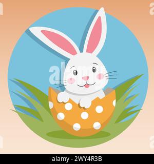 Illustration mit einem weißen Osterhasen, der im Ei sitzt. Glücklicher Ostern Vektor Hintergrund für Grußkarte, Poster, Banner. Stock Vektor