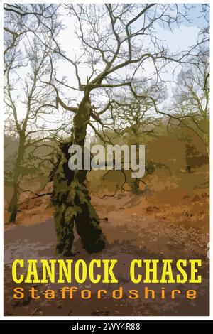 Nostalgisches Retro-Reiseplakat von Cannock Chase, Staffordshire, England, Großbritannien im Stil von Work Projects Administration. Stock Vektor