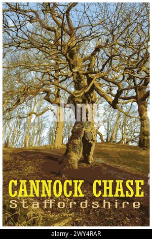 Nostalgisches Retro-Reiseplakat von Cannock Chase, Staffordshire, England, Großbritannien im Stil von Work Projects Administration. Stock Vektor