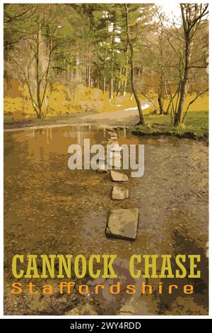 Nostalgisches Retro-Reiseplakat von Cannock Chase, Staffordshire, England, Großbritannien im Stil von Work Projects Administration. Stock Vektor