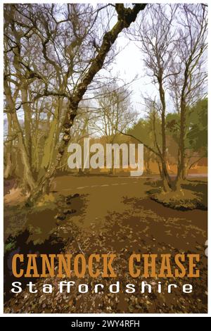 Nostalgisches Retro-Reiseplakat von Cannock Chase, Staffordshire, England, Großbritannien im Stil von Work Projects Administration. Stock Vektor