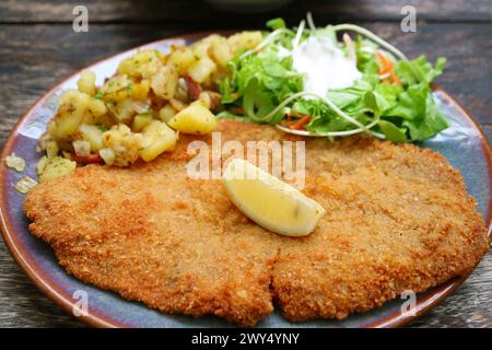 Teller mit köstlichem knusprigem goldbraunem Schnitzel Stockfoto