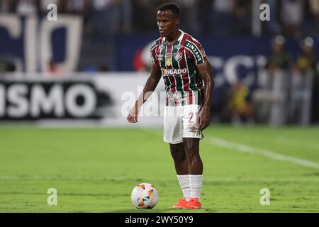 Lima, Peru. April 2024. Jhon Arias von Fluminense spielte am 3. April 2024 im Alejandro Villanueva Melcochita Stadion in Lima, Peru, während des CONMEBOL Libertadores Cup, Gruppe A, Datum 1, zwischen Alianza Lima und Fluminense FC. (Foto: Miguel Marrufo/PRESSINPHOTO) Credit: PRESSINPHOTO SPORTS AGENCY/Alamy Live News Stockfoto