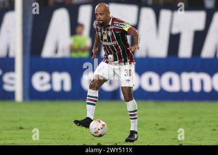 Lima, Peru. April 2024. Felipe Melo von Fluminense spielte am 3. April 2024 im Alejandro Villanueva Melcochita Stadion in Lima, Peru, während des CONMEBOL Libertadores Cup, Gruppe A, Datum 1, zwischen Alianza Lima und Fluminense FC. (Foto: Miguel Marrufo/PRESSINPHOTO) Credit: PRESSINPHOTO SPORTS AGENCY/Alamy Live News Stockfoto