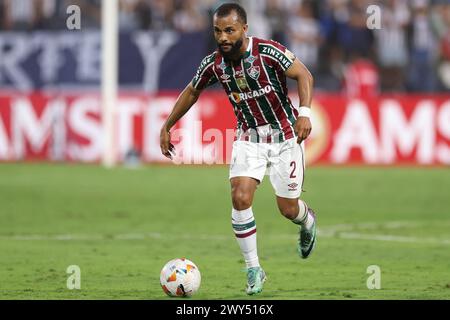 Lima, Peru. April 2024. Samuel Xavier von Fluminense spielte während des CONMEBOL Libertadores Cup, Spiel Gruppe A, Datum 1, zwischen Alianza Lima und Fluminense FC am 3. April 2024 im Alejandro Villanueva Melcochita Stadion in Lima, Peru. (Foto: Miguel Marrufo/PRESSINPHOTO) Credit: PRESSINPHOTO SPORTS AGENCY/Alamy Live News Stockfoto