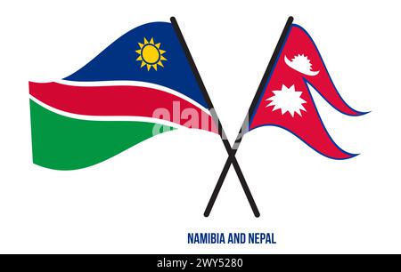 Namibia- und Nepal-Flaggen kreuzen und schwenken flach. Offizieller Anteil. Farben Korrigieren. Stockfoto