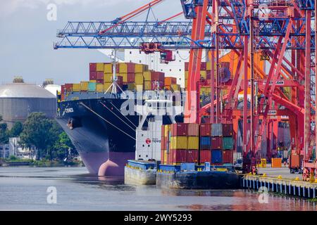 Buenos Aires, Argentinien - das Containerschiff wird im Hafen entladen, hier am Dock Sud Kai werden Seecontainer entladen. Das Containerschiff Cisnes Stockfoto