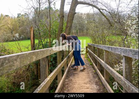 Ein junges Paar spielt Poohsticks von einer Holzsteg über den Fluss Ouse zwischen Haywards Heath und Balcombe in West Sussex, England. Stockfoto