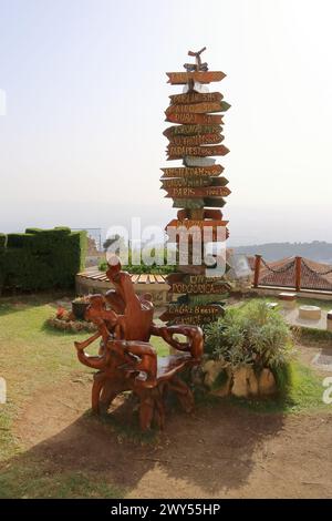 Wegweiser mit Entfernungen zu verschiedenen Städten in Kruja in Albanien Stockfoto