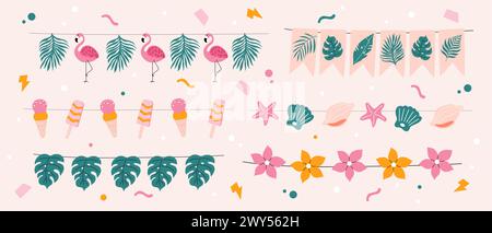 Set handgezeichneter Sommergirlanden. Helle und farbenfrohe Dekoration. Vektorpalmblätter, Eis, Blumen und Muscheln. Stock Vektor