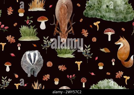 Herbst Wald Wildpflanzen und Tiere nahtloses Aquarellmuster auf Schwarz Stockfoto