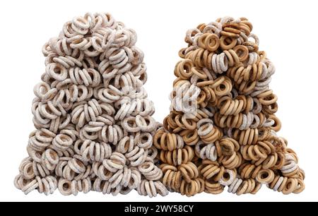 Zwei Haufen süßer Bagels mit Mohn und Glasur. Isoliert Stockfoto