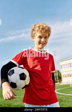 Ein kleiner Junge steht selbstbewusst auf einem üppig grünen Fußballfeld und hält einen Fußball mit Entschlossenheit. Die Sonne scheint hell und wirft einen warmen Glo Stockfoto