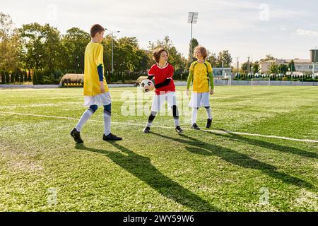 Eine dynamische Gruppe junger Menschen steht triumphierend auf einem pulsierenden Fußballfeld und feiert ihren Sieg. Die Sonne geht im Hintergrund unter, während sie sich aufhalten Stockfoto